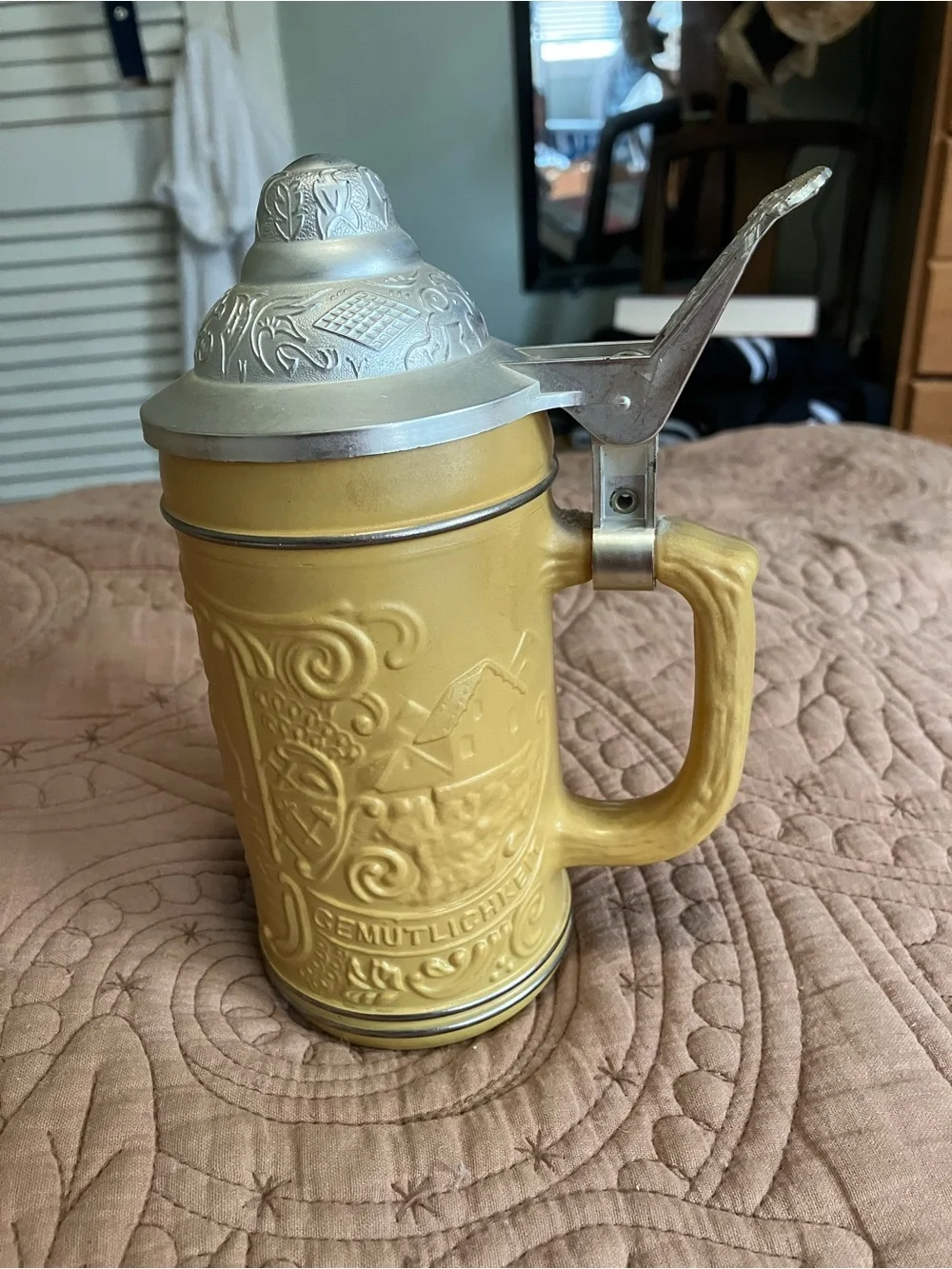 Vintage Tan or Mustard Yellow German Ceramic Beer Stein in